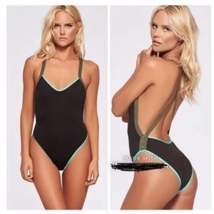 L*Space Manic Cross Back Green Trim One Piece